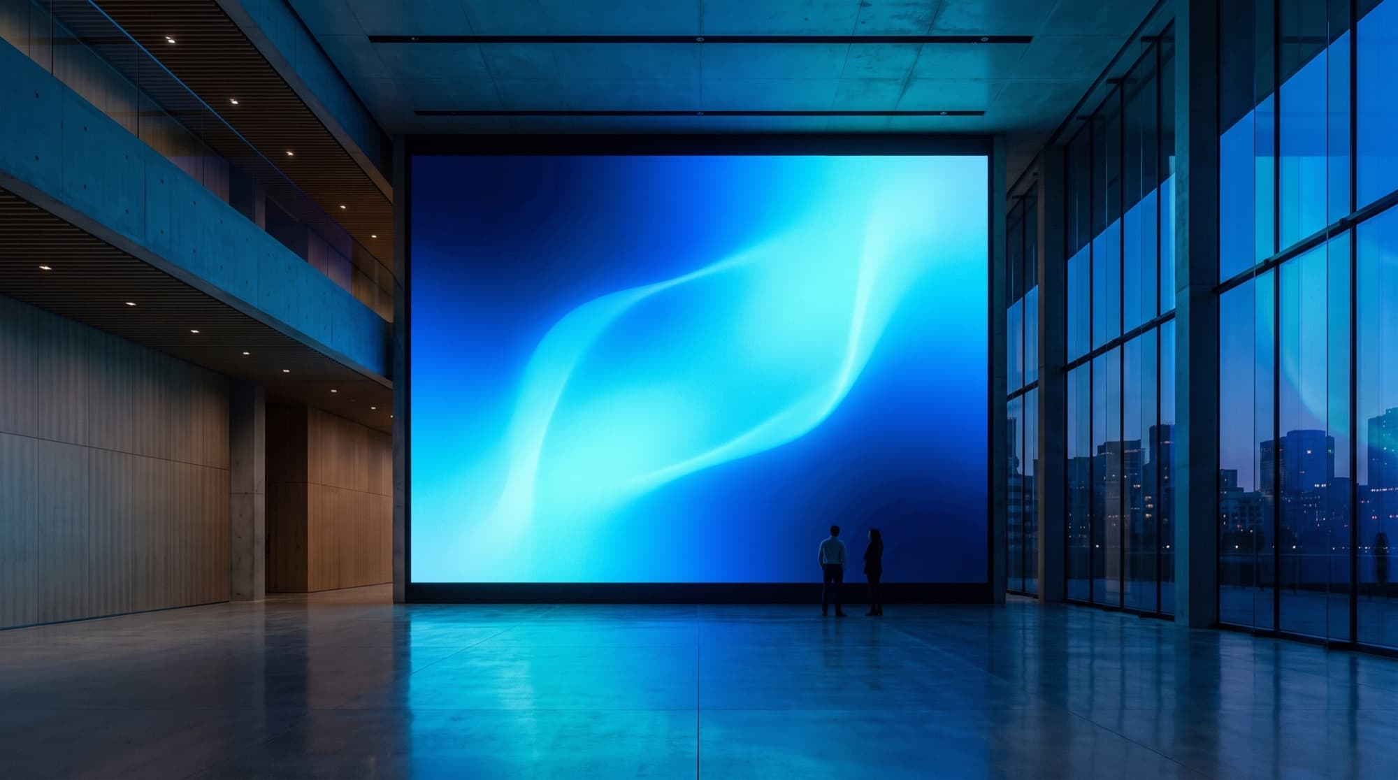 LED video wall in a modern building atrium drawing the attention of visitors