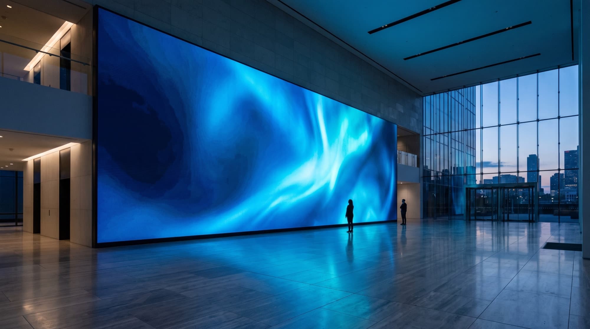 LED video wall in a modern building atrium, covered by a manufacturer warranty