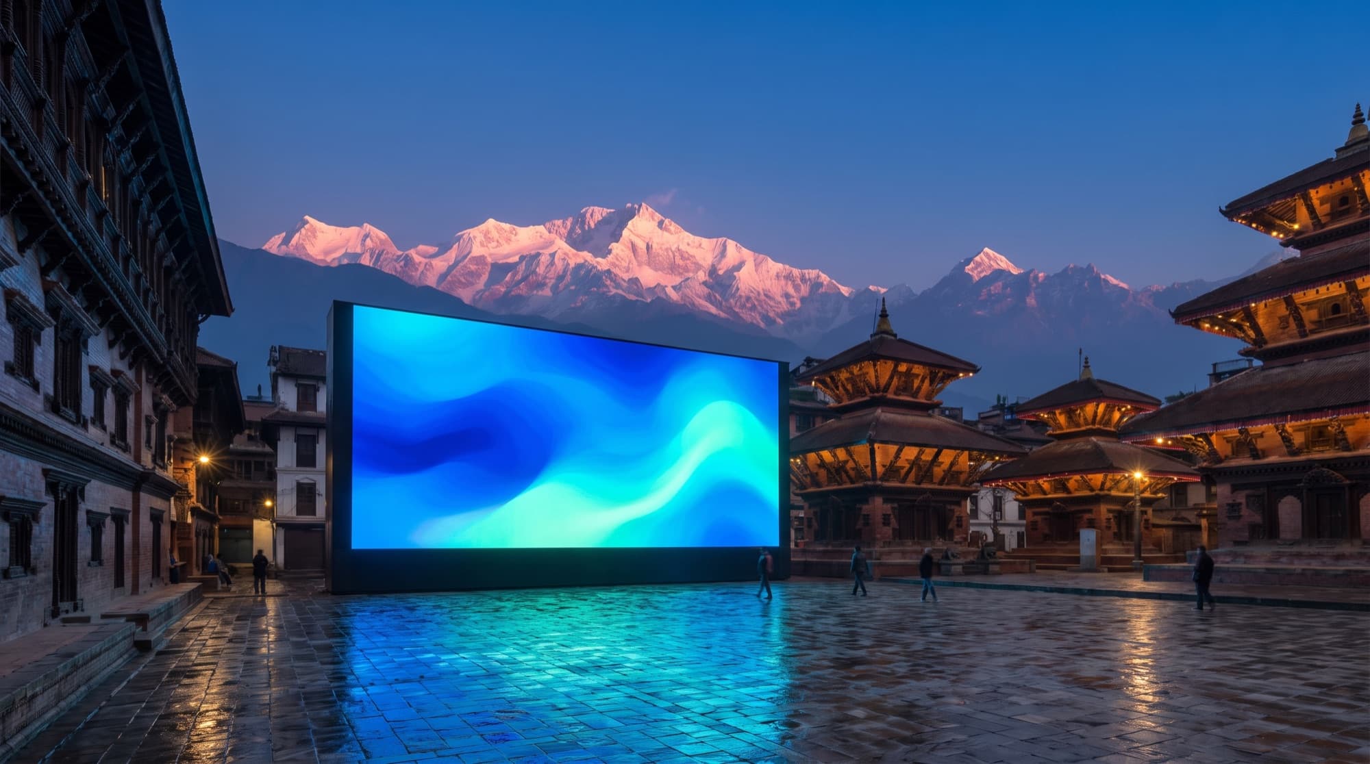 Large LED screen overlooking a public square in Nepal, of the kind used to relay festivals and ceremonies